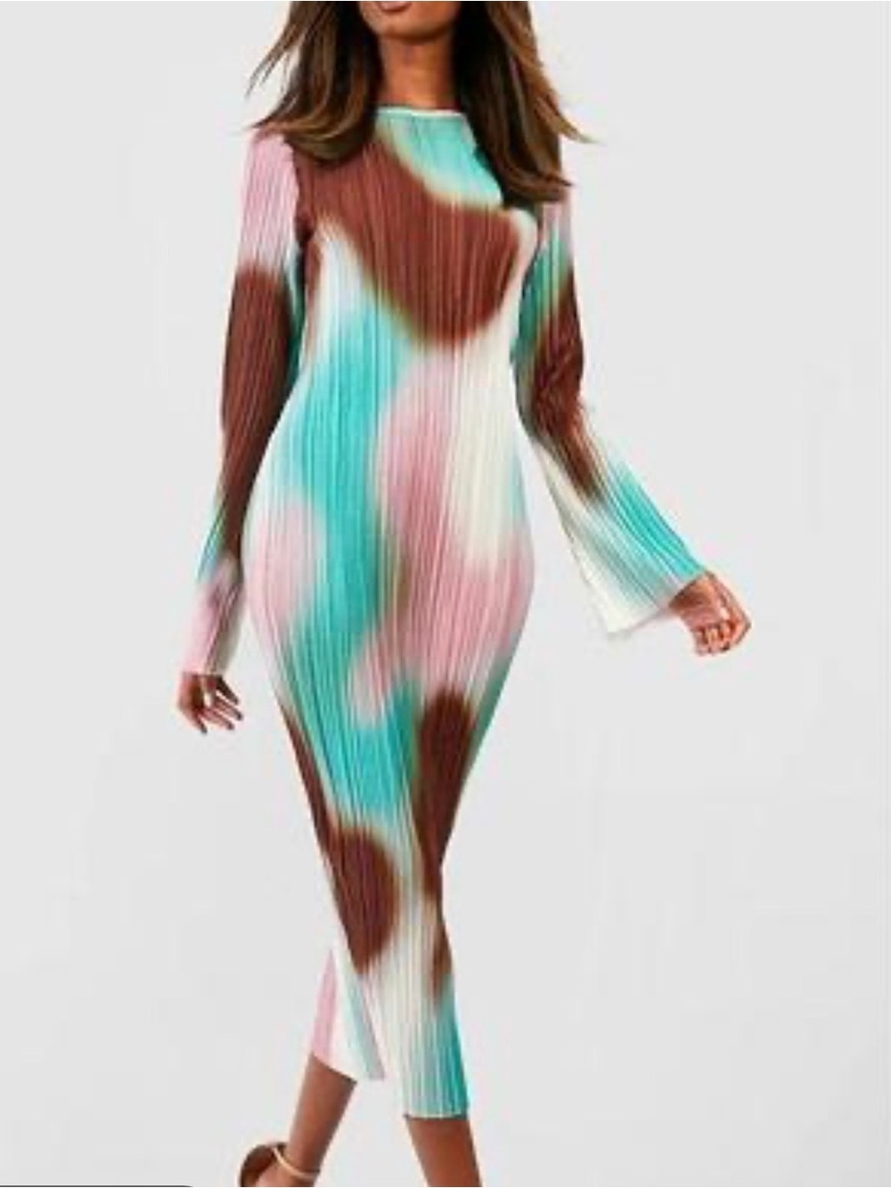 Boohoo Long Sleeve Abstract Midi Dress in Pink, Teal & Brown